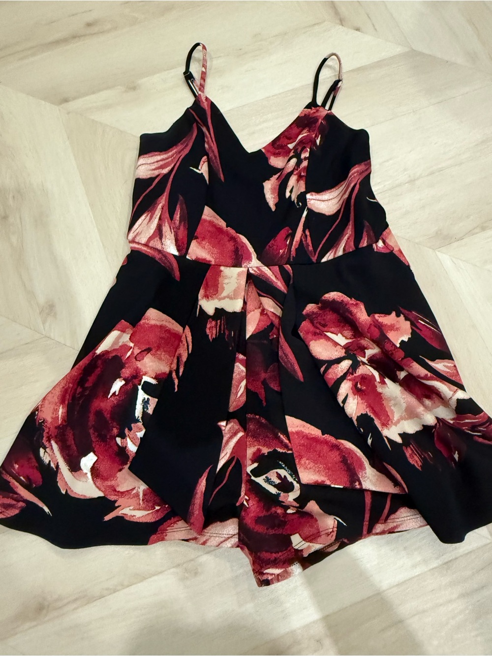 Active USA Black Dress with Red-Pink Floral Print